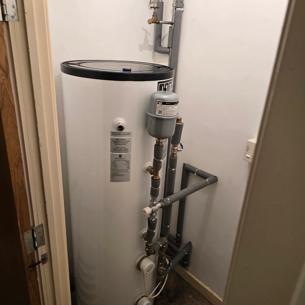 Unvented hot-water cylinder and associated pipework
